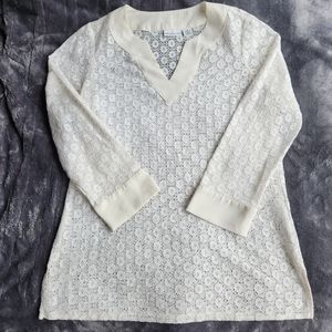 White & Cream Crochet Lace Eyelet Tunic Top with Satin Split Neck